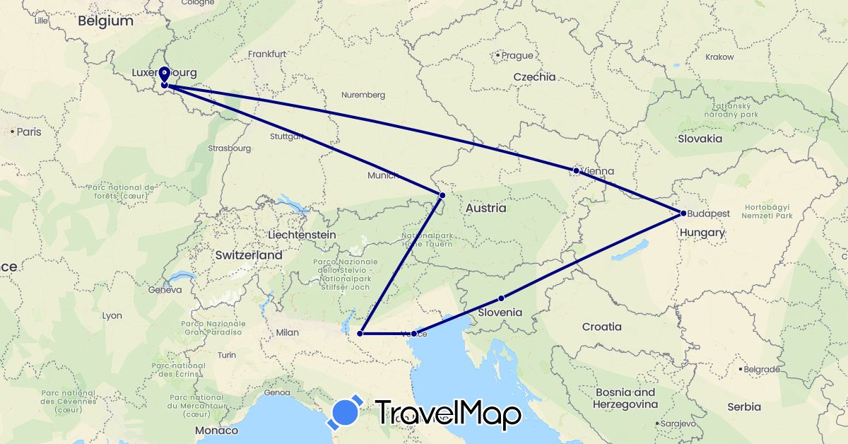 TravelMap itinerary: driving in Austria, Hungary, Italy, Luxembourg, Slovenia (Europe)